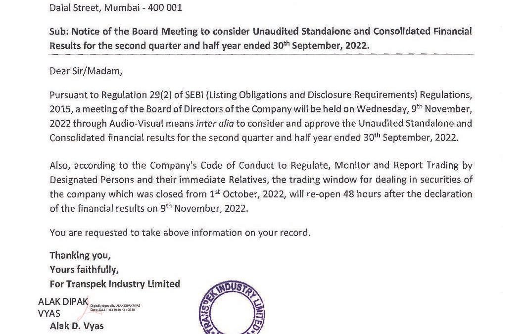 Notice Of Board Meeting For Quarter Ended On 30th September 2022 notice-of-board-meeting-for-quarter-ended-on-30th-september-2022