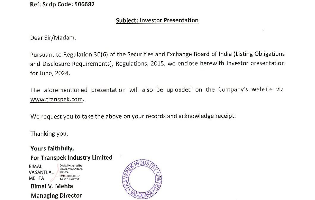 Investor Presentation June 2024 Transpek Industry Limited